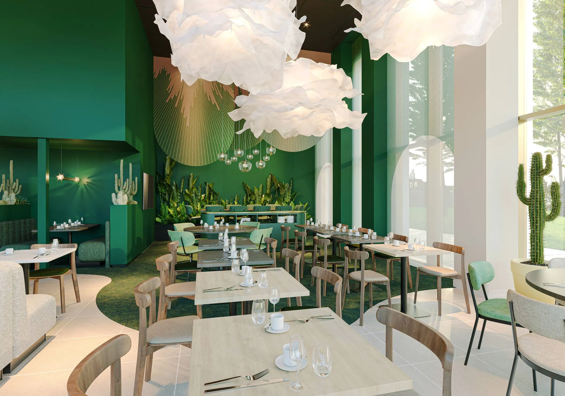 Large tables in green tones with lots of plants.